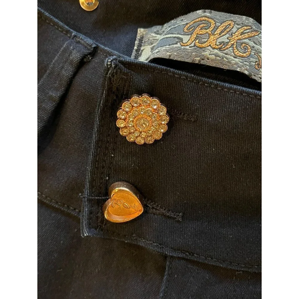 BLK DNM Blue Dark Wash Jeweled Button Wide Waistband Slim Jeans Size 28‎
